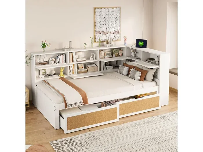 Divano letto multifunzionale in legno massello con cassetti, spazio di archiviazione integrato e prese di ricarica, bianco (90x200x92 cm)