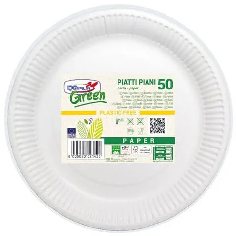 DOPLA-GREEN – Piatti piani carta fibra vergine dopla green – ø 230 mm bianco – conf. 50 pz – 11801
