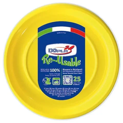 DOPLA-REUSABLE – Piatti fondi gialli in polistirene h.32 mm conf. 25 pz dopla reusable ø 205 mm – 11834 – Confezione risparmio da 2 PZ