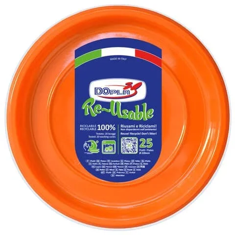 DOPLA-REUSABLE – Piatti piani arancioni in polistirene h.19 mm conf. 25 pz dopla reusable ø 220 mm – 11825 – Confezione risparmio da 2 PZ