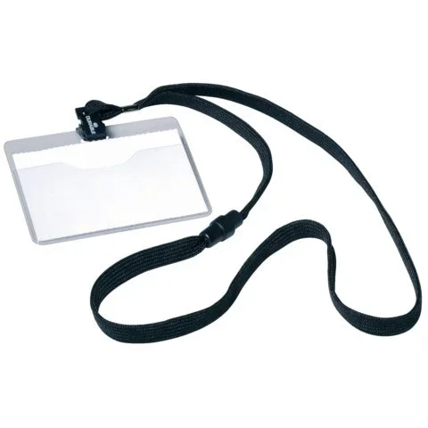 DURABLE – Portanomi tasca aperta con cordoncino trasparente/nero 60x90mm conf. 10 – 813901 – 8139-01