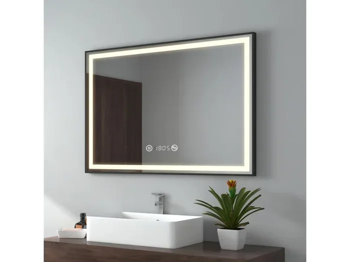 EMKE Specchio da bagno a LED Cornice nera con interruttore a sfioramento, antiappannamento, orologio, dimmerabile, luce neutra – 100x70cm