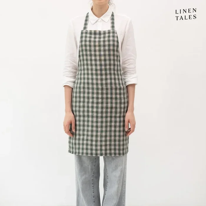 Grembiule Forest Green Gingham In lino, verde/grigio