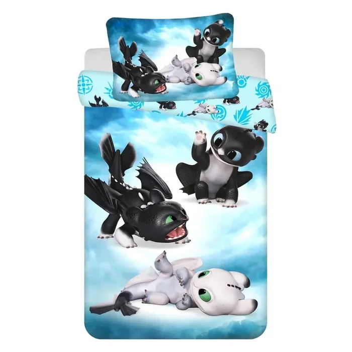 Jerry FabricsSet copripiumino e federa da bambini How to Train Your Dragon “Babies”Per culla, reversibile, con chiusura con cerniera, blu, in cotone, 100×135 cm