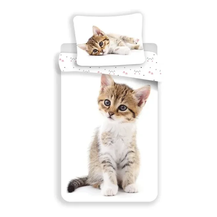 Jerry FabricsSet copripiumino e federa da bambini KittenPer letto singolo, reversibile, con chiusura con cerniera, bianco, in cotone, 140×200 cm