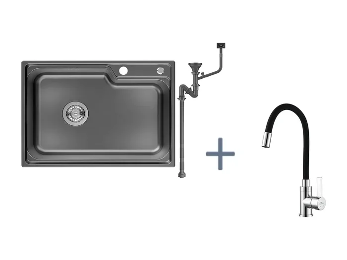 Lavello Cucina 1 Vassoio 62*45*21CM,Acciaio Inox PVD Nano Lavabo da Posare,Nero+Miscelatore Lavello con Becco Flessibile,Rubinetto Cucina Pieghevole