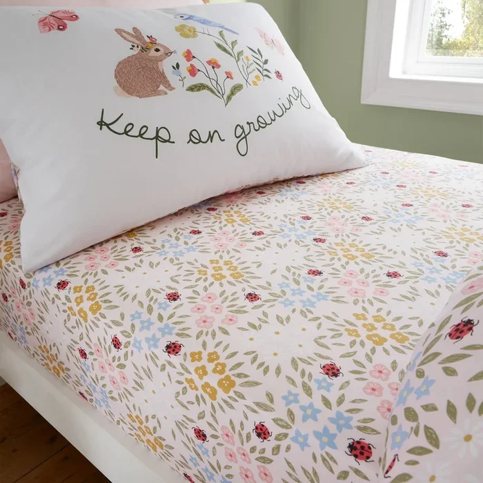 Lenzuolo con angoli per bambini Garden Animals Per letto singolo, a fiori, rosa, 90×190 cm