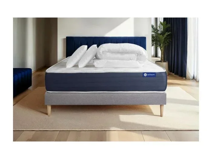 Letto con Materasso Actiflex sleep Molle insacchettate e memory foam – Altezza : 22cm – Colore : Grigio – Dimensione : 200 x 200 cm – con Guanciali E Piumino