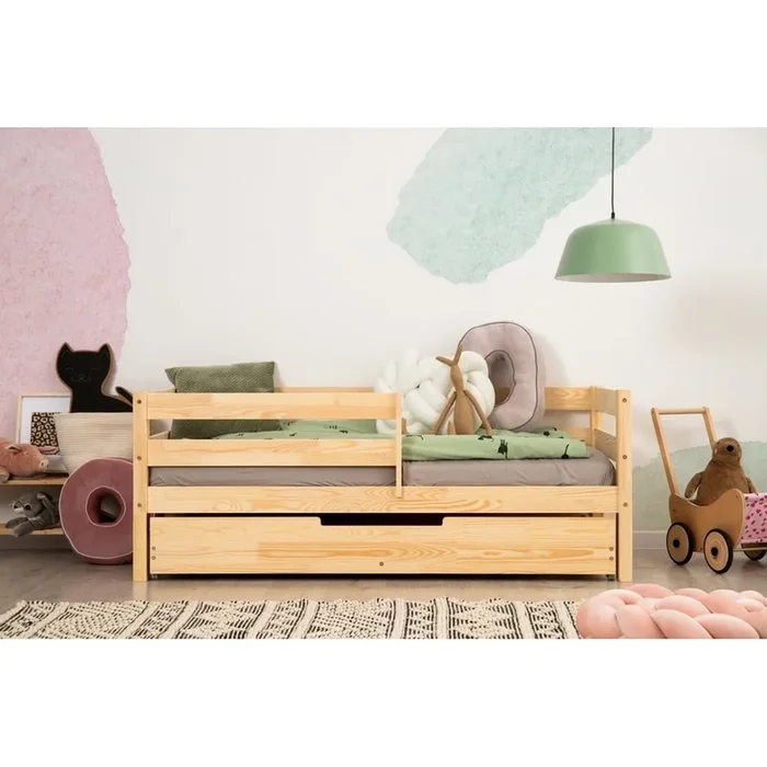 Letto da bambini CPD 80×200 cm, estraibile, con contenitore, con rete inclusa, in pino massiccio, trattamento della superficie: nessun trattamento/trattamento della superficie: spazzolatura, di colore naturale