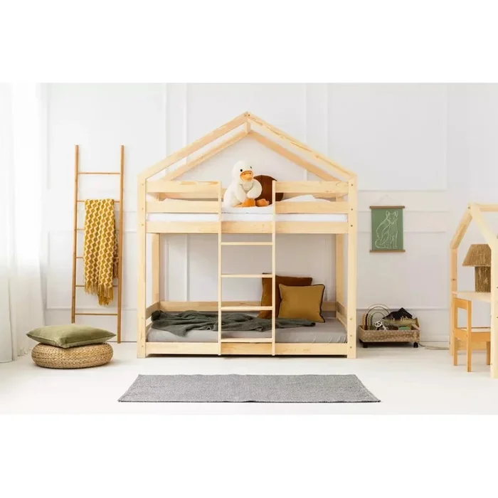 Letto da bambini DMPN 80×200 cm, a forma di casa/a castello, senza testiera, con rete inclusa, in pino massiccio, trattamento della superficie: nessun trattamento/trattamento della superficie: spazzolatura, di colore naturale