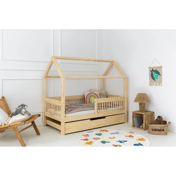 Letto da bambini MBW 70×140 cm, a forma di casa/estraibile, con contenitore, con rete inclusa, in pino massiccio, trattamento della superficie: nessun trattamento/trattamento della superficie: spazzolatura, di colore naturale