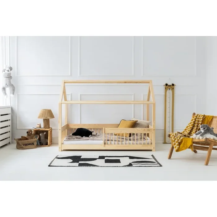 Letto da bambini MBW 70×160 cm, a forma di casa, con rete inclusa, in pino massiccio, trattamento della superficie: nessun trattamento/trattamento della superficie: spazzolatura, di colore naturale