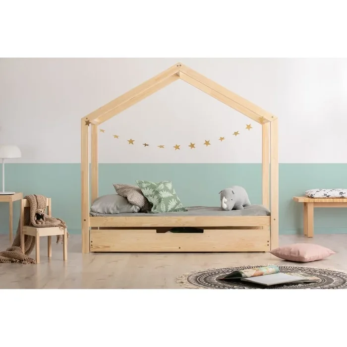 Letto da bambini RM 90×200 cm, a forma di casa/estraibile, con contenitore, con rete inclusa, in pino massiccio, trattamento della superficie: nessun trattamento/trattamento della superficie: spazzolatura, di colore naturale