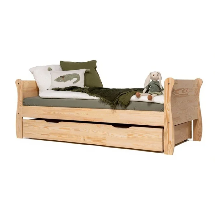 Letto da bambini Roma 90×180 cm, estraibile, con contenitore, con rete inclusa, in pino massiccio, trattamento della superficie: nessun trattamento/trattamento della superficie: spazzolatura, di colore naturale