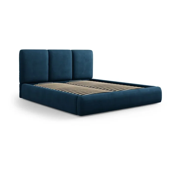 Letto matrimoniale Brody 200×200 cm, con contenitore, con rete inclusa, imbottito, con rivestimento in ciniglia, blu scuro