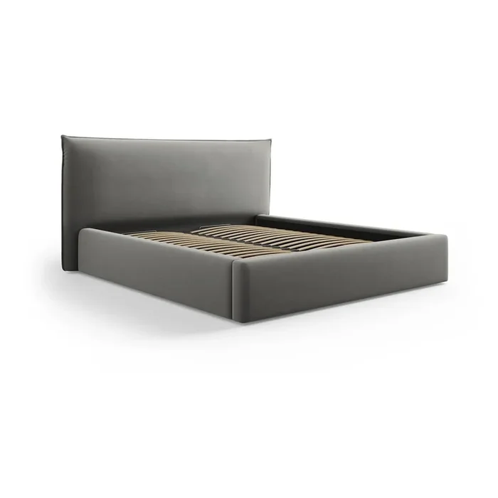 Letto matrimoniale Elio 180×200 cm, con contenitore, con rete inclusa, imbottito, con rivestimento in velluto, grigio