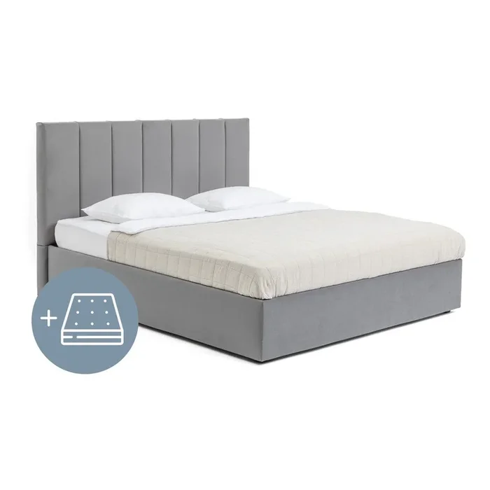 Letto matrimoniale Thessa Bold Line 160×200 cm, con contenitore, con materasso incluso/con rete inclusa, imbottito, con rivestimento in velluto, in schiuma a freddo/in memory foam, fatto a mano/facile da assemblare/resistente ai graffi di animali domestici, grigio