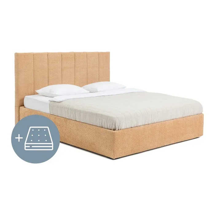 Letto matrimoniale Thessa Bold Line 180×200 cm, con contenitore, con materasso incluso/con rete inclusa, imbottito, con rivestimento in bouclé, in schiuma a freddo/in memory foam, fatto a mano/facile da assemblare, color senape