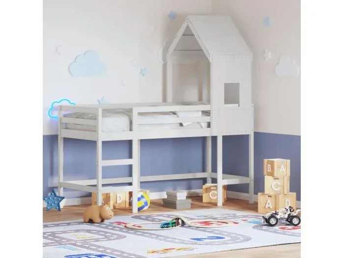 Letto Soppalco con Scala e Tetto Bianco 80×200 cm Massello Pino