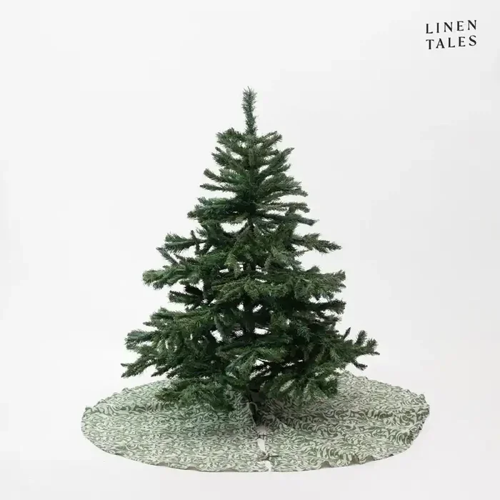 Linen TalesTappeto per albero di Natale Evergreen DamaskIn lino, a pelo piatto, rotondo, verde, ø 125 cm