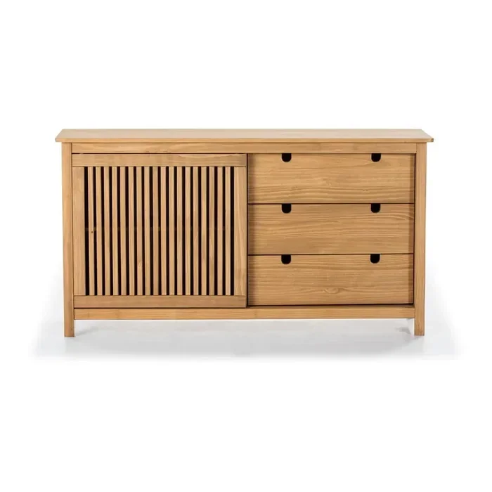 MarckericCassettiera BrunaCon porte scorrevoli, in pino massiccio, trattamento della superficie ceratura, di colore naturale, larghezza totale 150 cm, altezza totale 80 cm, profondità totale 40 cm