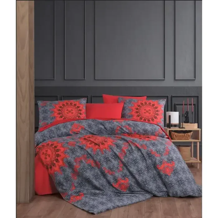MijolnirSet copripiumino e federa SaltanatPer letto singolo, con chiusura con bottoni, in cotone renforcé, con mandala, rosso/grigio, 140×200 cm
