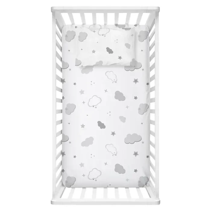 MijolnirSet di lenzuolo e federa per bambini BulutPer culla, in cotone renforcé, con stampe, bianco, 100×150 cm