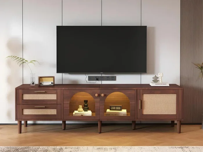 Mobile TV da 180 cm con illuminazione a LED – 2 cassetti in rattan e 3 ante – Marrone
