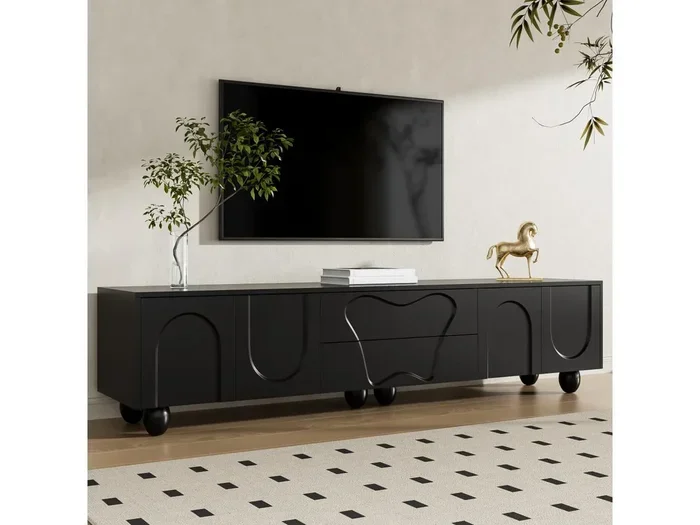 Mobile TV nero – Mobile TV con 2 cassetti e 2 ante – gambe rotonde in legno massello