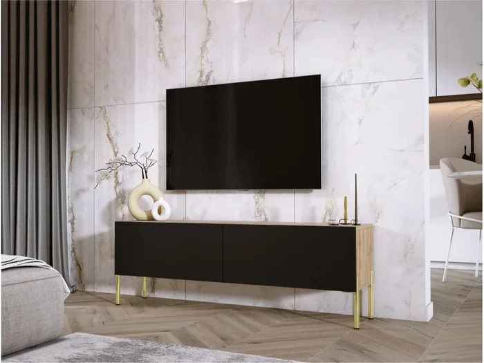 Mobile TV: rovere Wotan / nero opaco, gambe dorate, 140 x 52 x 32 cm