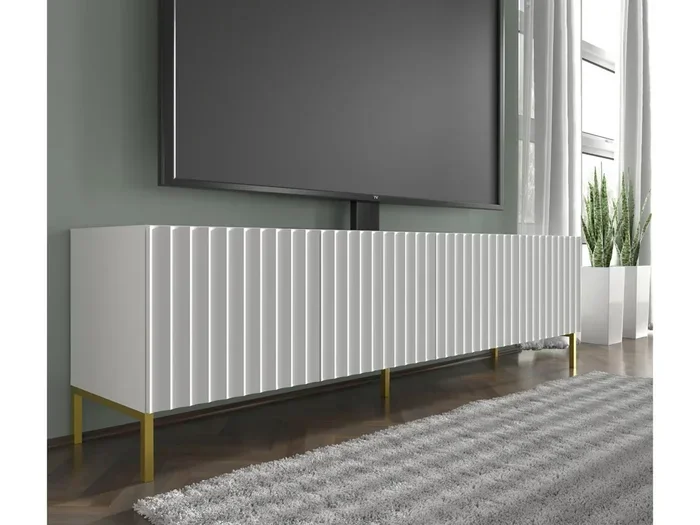 Mobile TV WAVE 200 cm 4D fresato bianco opaco piedi in metallo dorato