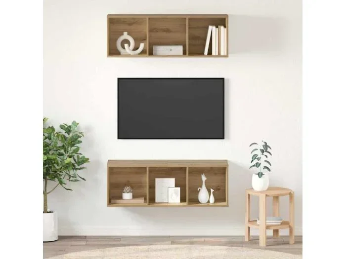 Mobili TV da parete in 2 pezzi, rovere lavorato a mano, 37 x 37 x 107 cm