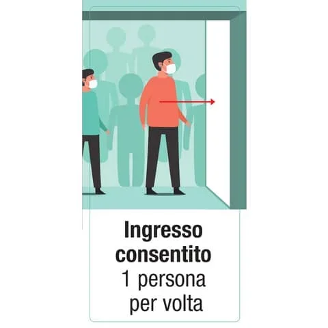NO-BRAND – Adesivo segnaletico ”ingresso consentito 1 persona per volta” 15×30 cm multicolore – 30026 – Confezione risparmio da 3 PZ