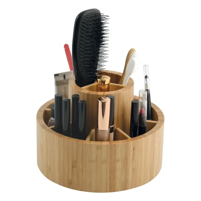 Organizer da bagno Isalys Per cosmetici/girevole, in bambù, di colore naturale, ø 20 cm, altezza totale 15 cm