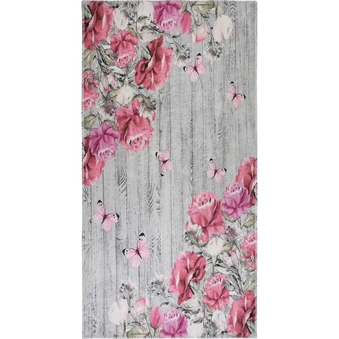 Passatoia Blooming Roses Lavabile, sintetica, a pelo piatto, rosa/grigia, 80×200 cm
