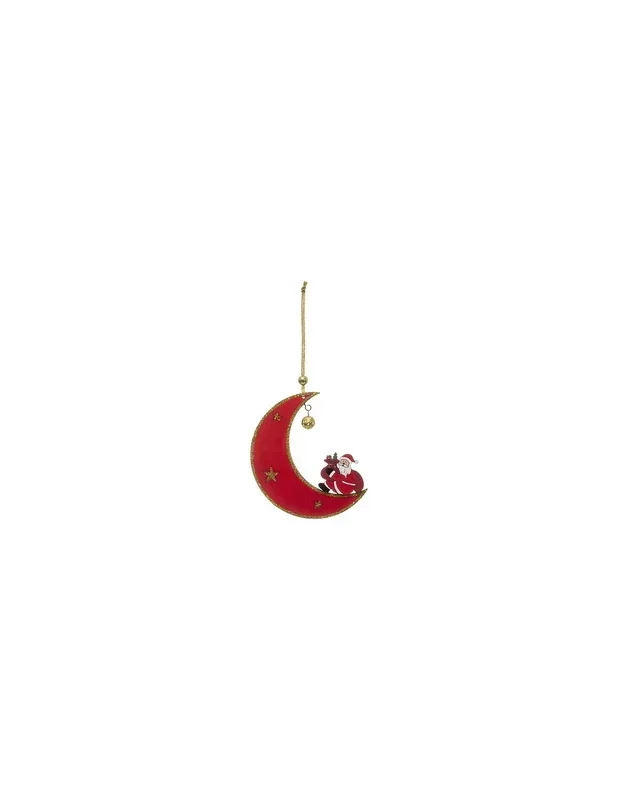Pendente Natalizio Babbo Natale su Luna Rossa 10×12 cm, Decorazione con Glitter Dorati