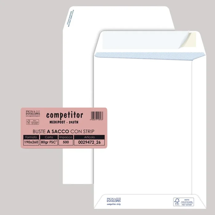 PIGNA-ENVELOPES – 500 buste sacco competitor fsc® bianca strip adesivo 190x260mm 80gr pigna envelo – 002947226