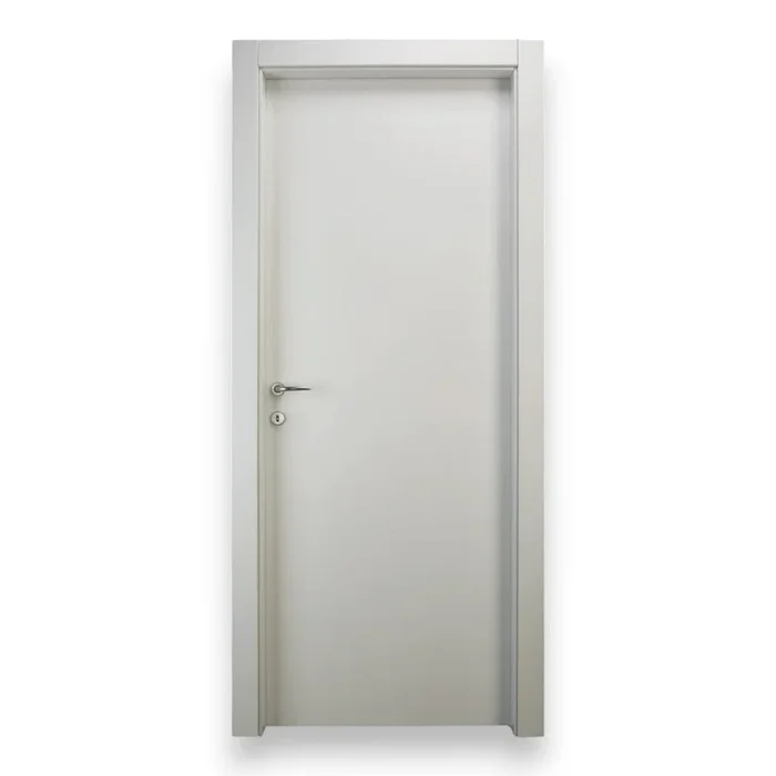 Porta battente reversibile moderna da interno completa in legno di abete bianco liscio giuntato con serratura e profili