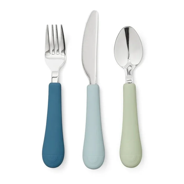 Posate per bambini Ocean Mix 3 pz, in silicone, verde/blu, 1x cucchiaio/1x forchetta/1x coltello
