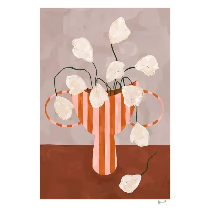 Poster White Flowers in Striped Vase – Frankie Penwill 30×40 cm
