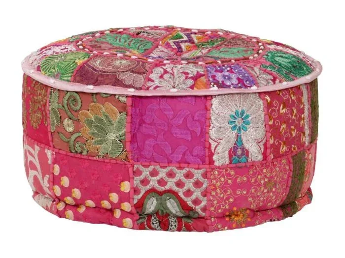 Pouf Patchwork Rotondo Fatto a Mano in Cotone 40×20 cm Rosa