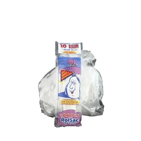 ROLSAC-QUALITY – Sacchi immondizia per rifiuti inorganici rolsac 27 l 50×60 cm – 16 µm trasparente – rotolo da 20 pezzi – 10064 – Confezione da 6 PZ