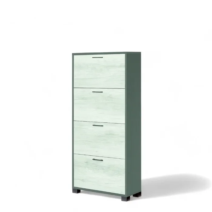Scarpiera a 4 ante in MDF colore bianco e titanio con profondità di 29 cm e altezza di 151 cm ideale per l’ingresso