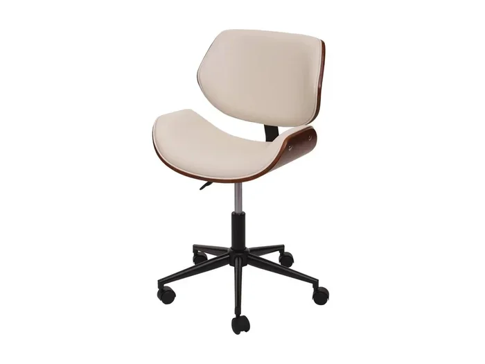 Sedia poltrona girevole ufficio MCW-G25 design elegante legno curvo ecopelle avorio