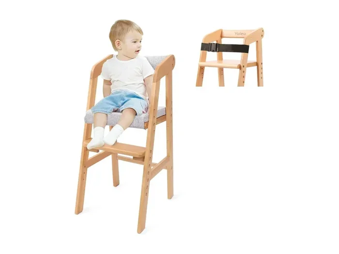 Seggiolone YOLEO in Legno, Regolabile in Altezza per Bambini dai 2 ai 12 Anni – Per Mangiare e Imparare (Colore Naturale con Cuscino)