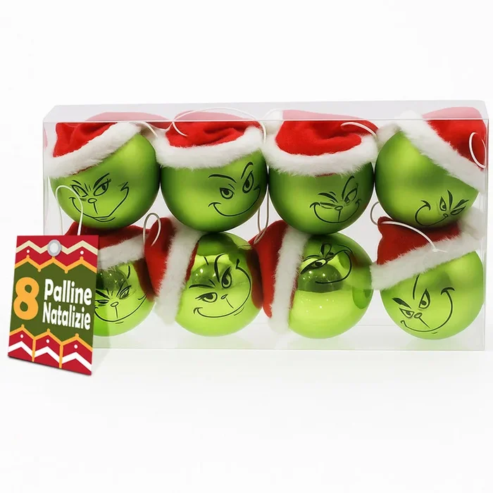 Set 8 Palline di Natale Pupazzo Verde da 7 cm Decorazione Palle Natalizie