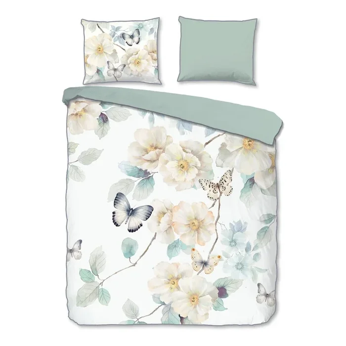 Set copripiumino e federa Adiwanya Per letto matrimoniale/per letto esteso, con chiusura libera, di lusso, in raso di cotone, a fiori, bianco/verde, 200×220 cm