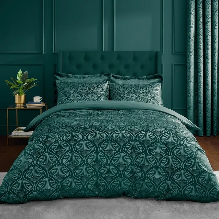 Set copripiumino e federa Art Deco Pearl Per letto matrimoniale, con chiusura con bottoni, di lusso, con fantasia ornamentale, verde, 200×200 cm