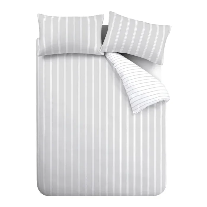Set copripiumino e federa Ashford Stripe Per letto matrimoniale, con chiusura con bottoni, reversibile, in cotone, con fantasia a strisce, grigio, 200×200 cm