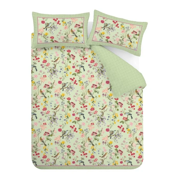 Set copripiumino e federa Birds In Bloom Per letto matrimoniale, 3 pezzi, con chiusura con bottoni, con stampe/a fiori, verde, 200×200 cm
